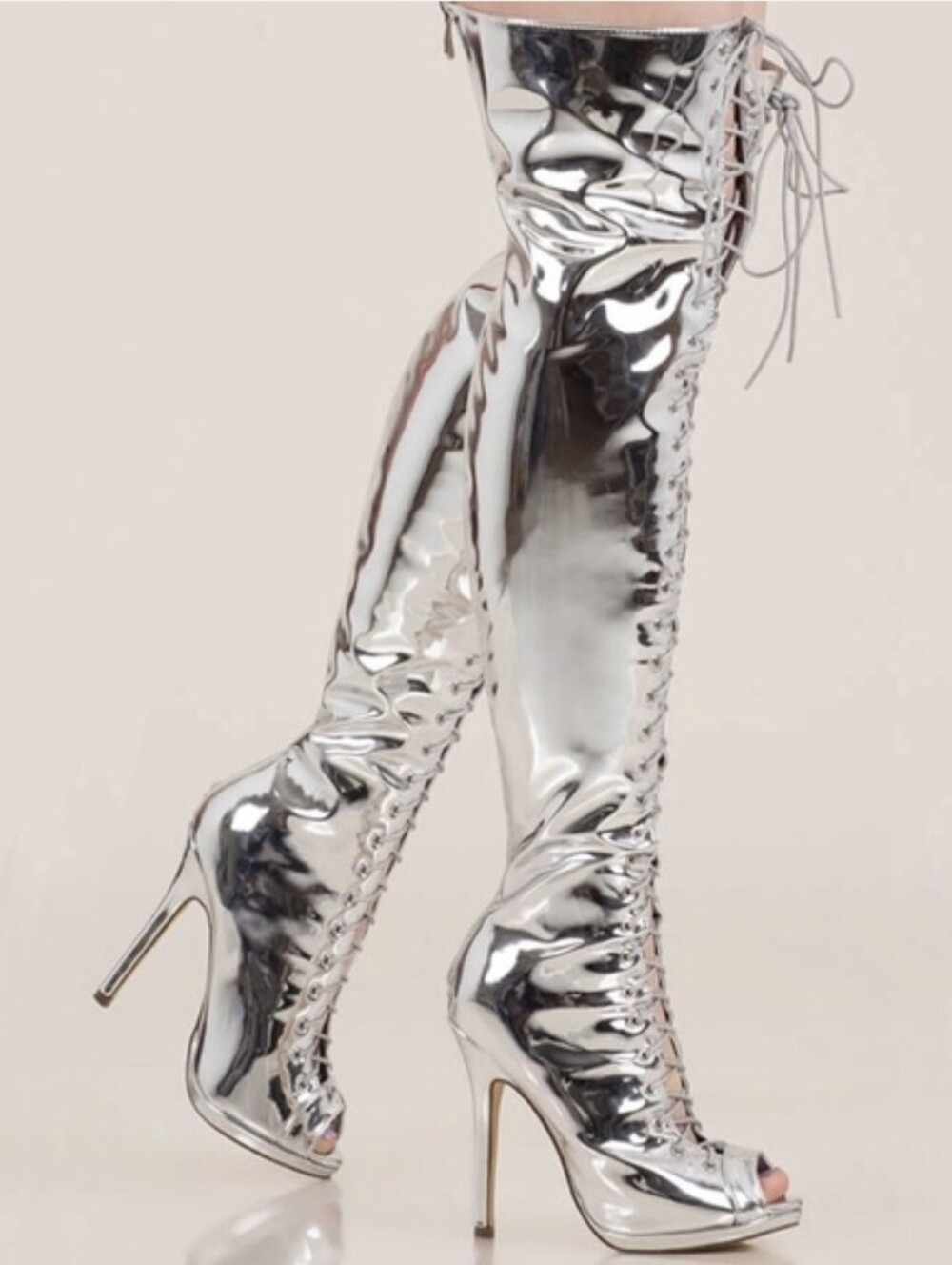 Liliana Silver Metallic Metallic Thigh High Lace Up Peep Toe Stiletto Boots 9 - Picture 2 of 15
